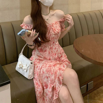 Short Sleeve French Elegant Dress Beach Floral One Piece Beach Midi Dress