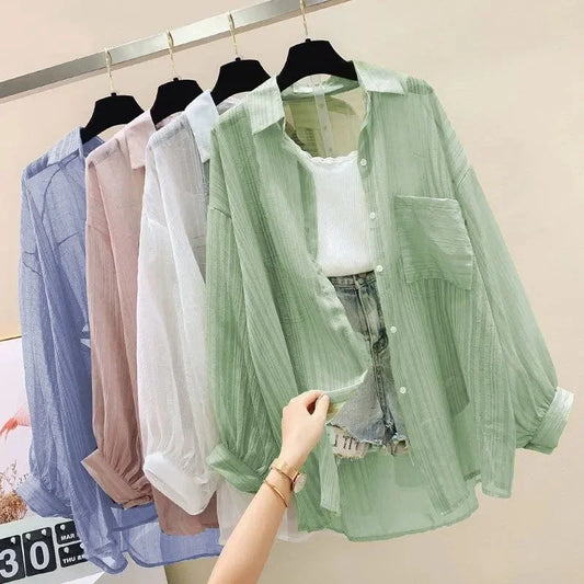 Shirts Women Sheer Thin Chic Summer Simple Solid Sun-proof Temper Fashion Baggy All-match Basic Korean Style Clothes