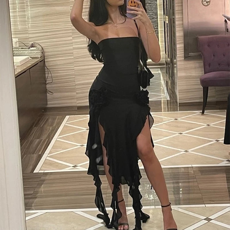 Women Strapless Sexy Floral Fold Hemline High Slit Mini Dress 2025 Solid Backless Sleeveless Black And Pink Party Dress Vestidos