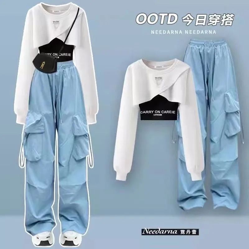 Spring and Autumn Set Women's 2025 Korean Loose Fashion Top Casual Work Pants Age Reducing Three Piece Set