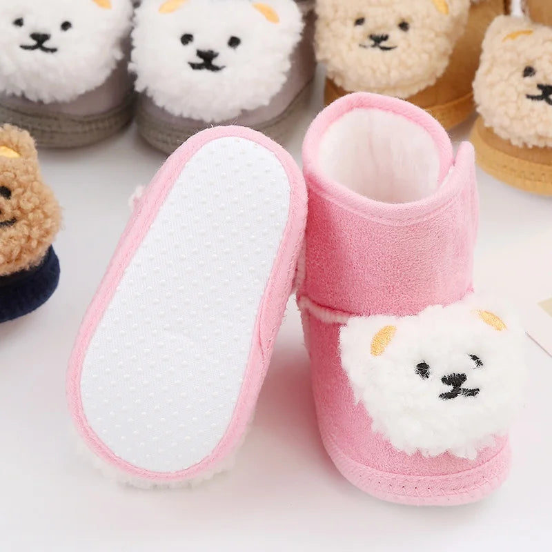 Baywell Cute Cartoon Animal Newborn Baby Boots Winter Plush Snow Booties for Boy Girl Soft Soled Comfortable Warming Shoes