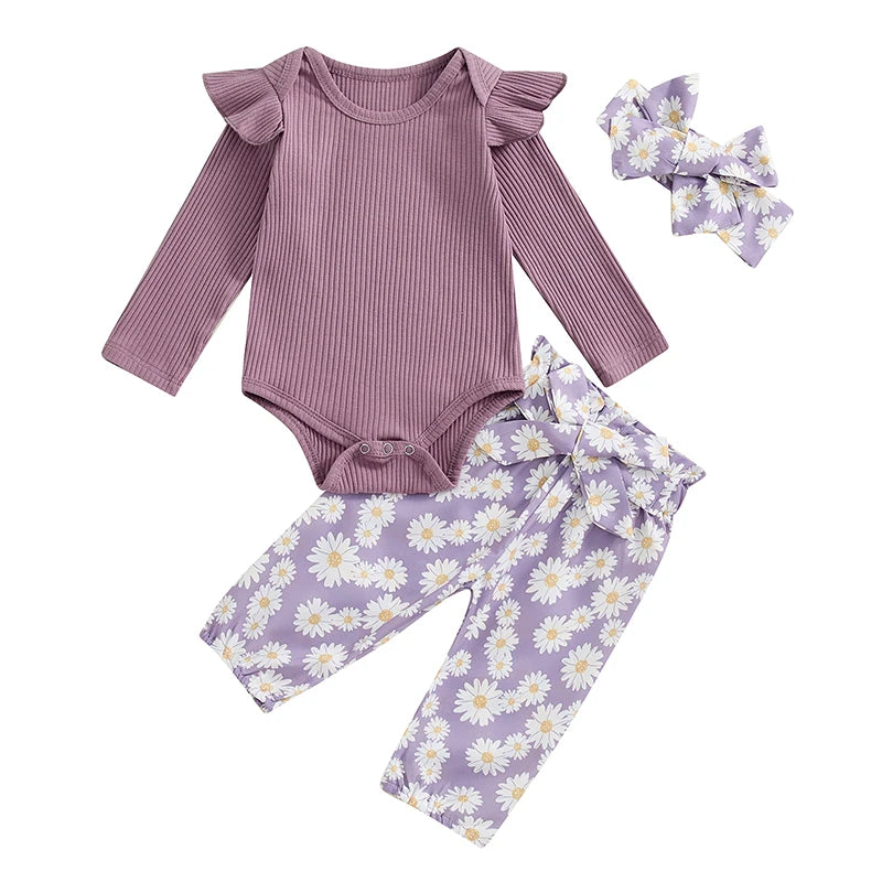 0 3 6 9 12 18 Months Baby Girl Clothes Ruffle Sleeve Romper Daisy Pant Sets Fall Winter Outfit for Infant Toddler