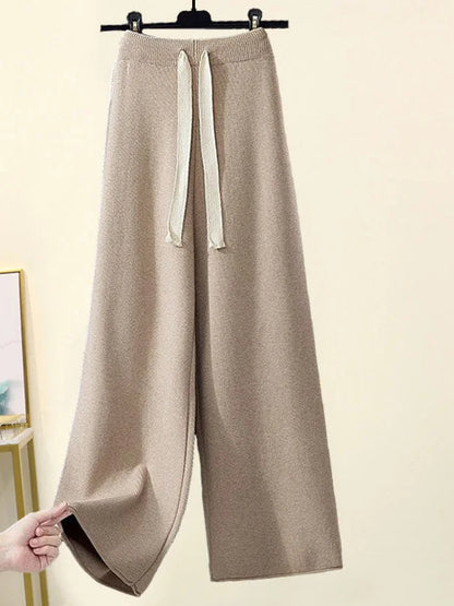 Winter Warm Knit wears Sets For Women Turtleneck Long Sleeve Pullover Sweater+ high Waist Wide Leg Drawstring Knitted Pants Sets