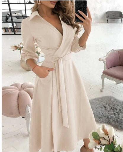 Office Women Casual Sashes A-Line Wrap Summer Dress 2025 Print Long Sleeve V-Neck Dress Pocket Elegant Midi Party Dress Vestidos