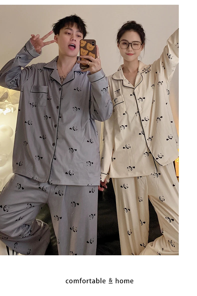 Pajama Women Pajama Man Set Cotton Plus Size Spring Autumn Long-sleeved Korean Cardigan Casual V-neck Nightwear Couple Pyjama