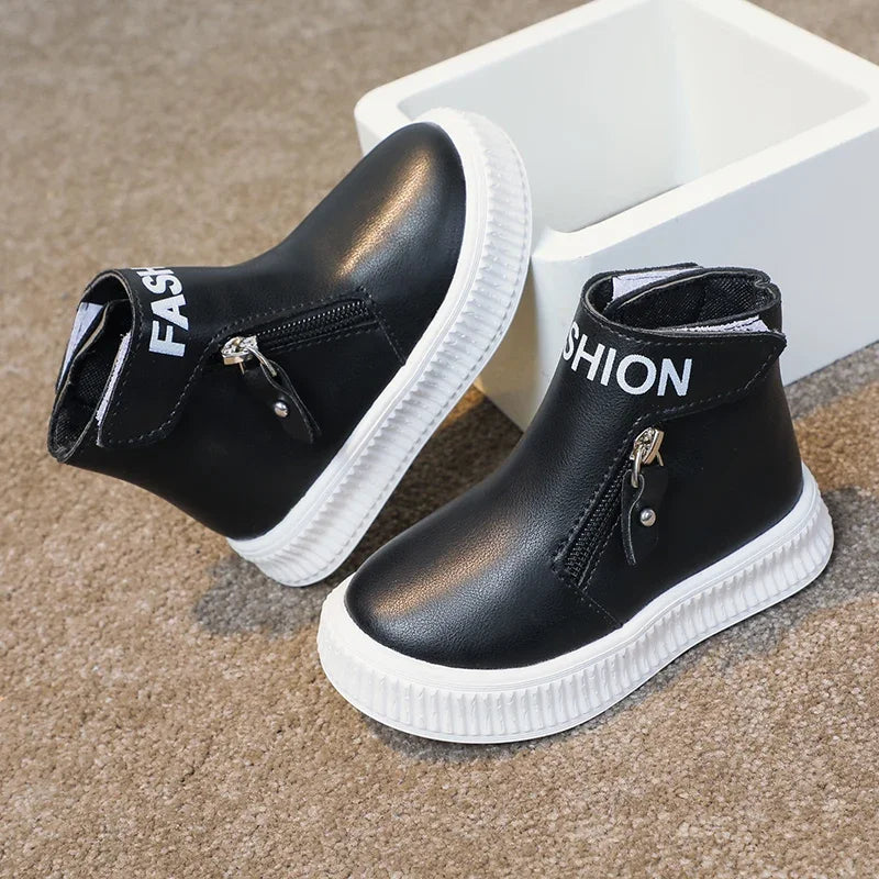 Children Fashion Boots Side Zipper Round-toe Kids Sport Boots Classic Solid Color Non-slip Boys Girls Leather Boots 2025 New