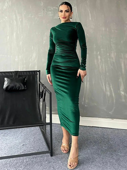 BWQ 2025 Spring Summer Velvet Long Sleeve Midi Dress For Women Ruched Long Dress Elegant Party Clothes Evening Green Outfits