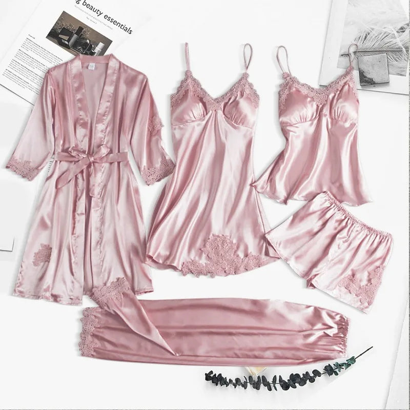 5PC Silk Robe Sleep Suit Women's Lace Satin Pajamas Gown Set V-Neck Cami Nighties Wear Pajama Home Nightwear Spring Nightdress