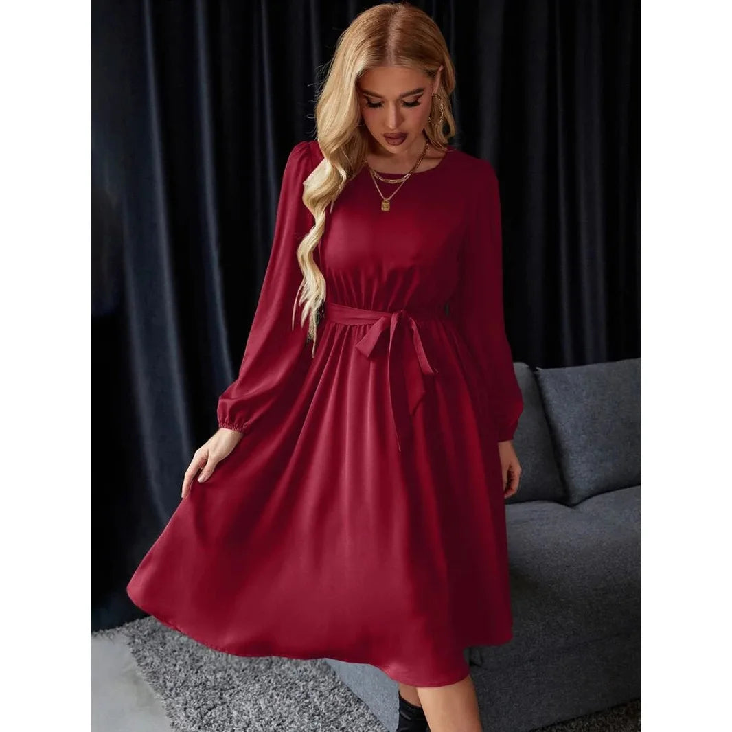 Summer Women's New Fashion Lantern Sleeves Keyhole Back Lace Up Waist Satin Round Neck Long Sleeve Medium Length Dress
