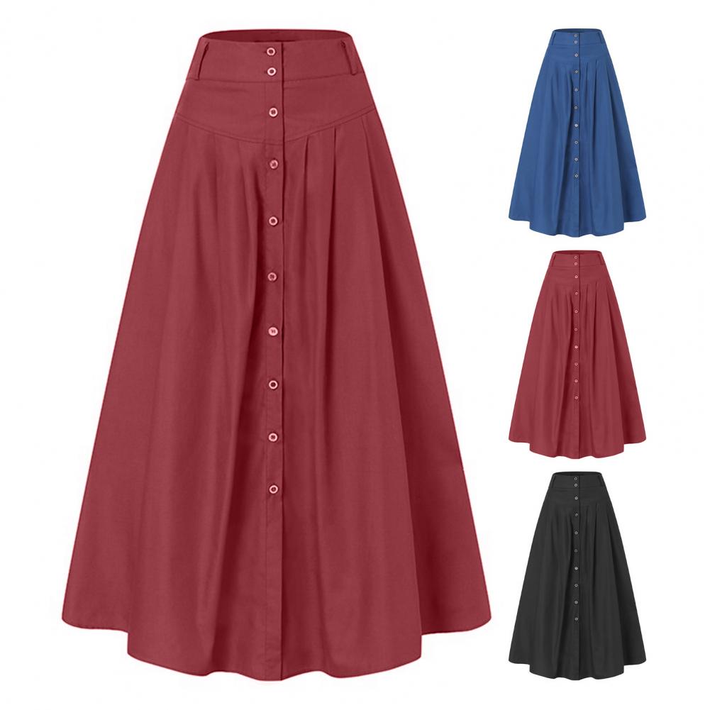 Big Hem Women Long Skirt Solid Color High Waist All Match Button Decor A-line Summer Loose Maxi Skirt Female Garment