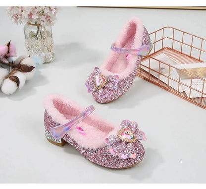 Disney Princess Kids Warm Winter Shoes for Girls Elsa Casual Glitter Children Flat Heel Girls Shoes Butterfly Knot Blue Pink