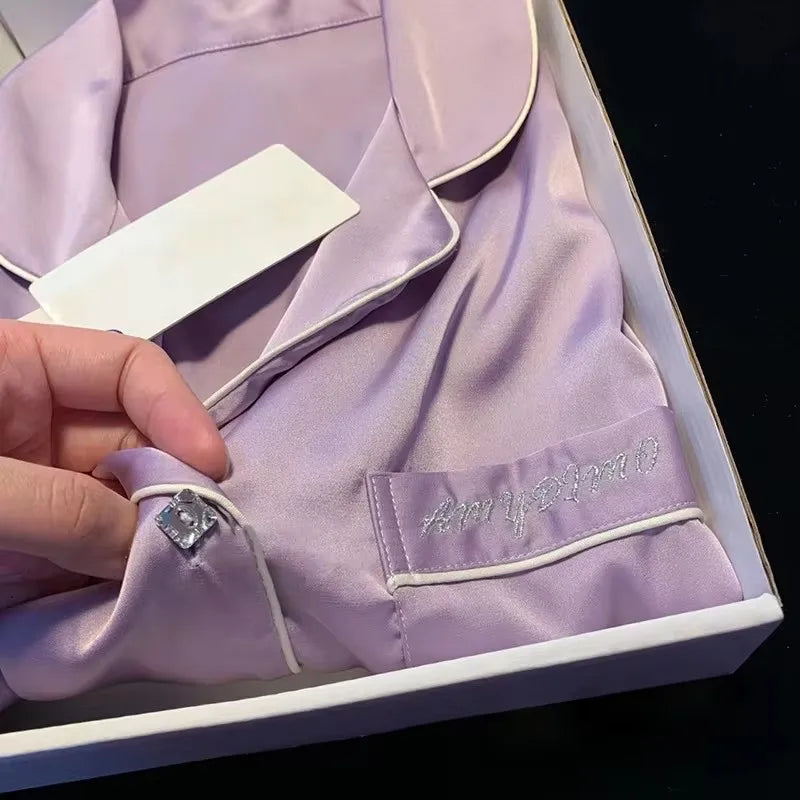 High Quality Light Luxury Ice Silk Pajamas Women's Pajama Spring and Autumn Style Long Sleeve Home Set Nightwear Sleepwear