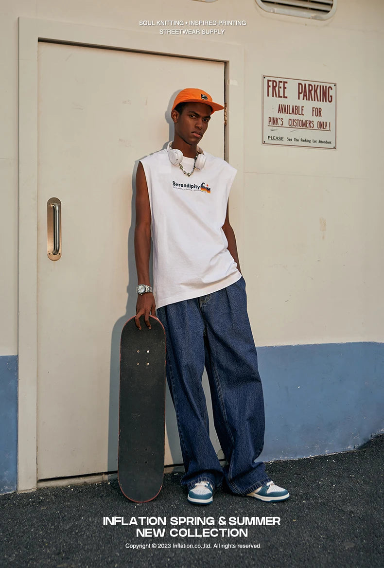 INFLATION Brown Retro Washed Denim Pants Unisex Classic Straight Leg Jeans Male Trouser Plus Size