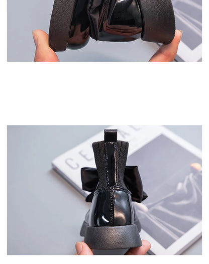 Children's Boots Fashion PU Solid Black Bow Girls Uniform 2025 Spring and Autumn New Kids Fashion Flying Knit School Socks Shoes