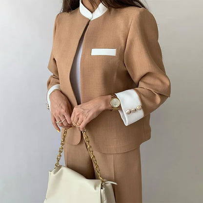 Pants Sets Two Piece Suit Elegant Women Blazer Cardigan Stand Collar Coat Straight Pants Solid Casual Suits Autumn Winter