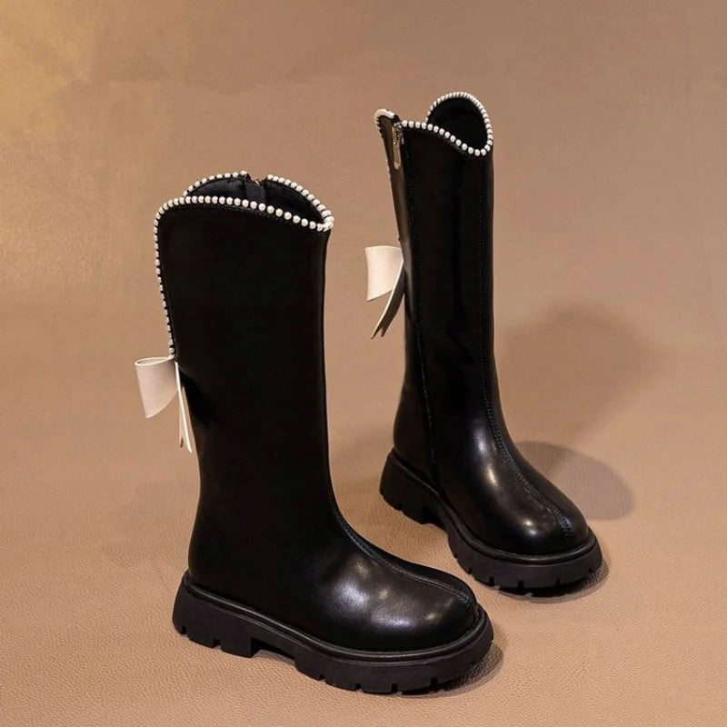 Long Boots for Girls and Children 2025 New Winter Long Leather Boots Princess Foreign Girls Plus Cashmere Shoes