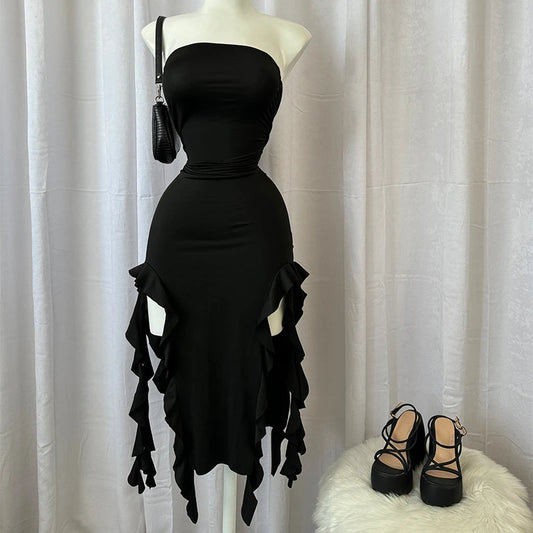 Elegant Strapless Sexy Maxi Dress Women's Irregular Tassel 2025 Summer Trend Skinny Split Bodycon Birthday Party Clubwear Dress