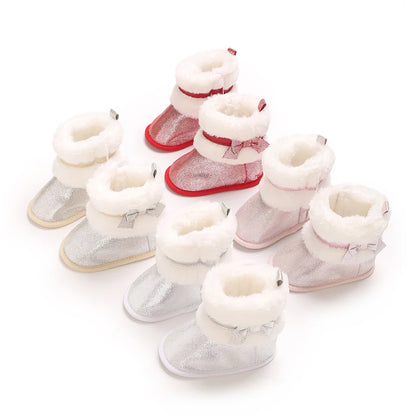 Suefunskry Newborn Baby Girl Winter Warm Plush Boots Shiny Flats with Cute Bows Casual Walking Shoes for Toddler Infant
