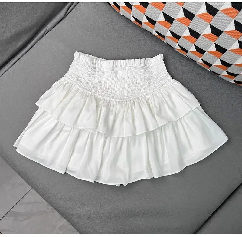 Sweet Cake Skirt Women's Ruffles Casual Simple Short Mini White Chiffon Skirt Black Korean New 2025 Puffy Ballet Style Skirts