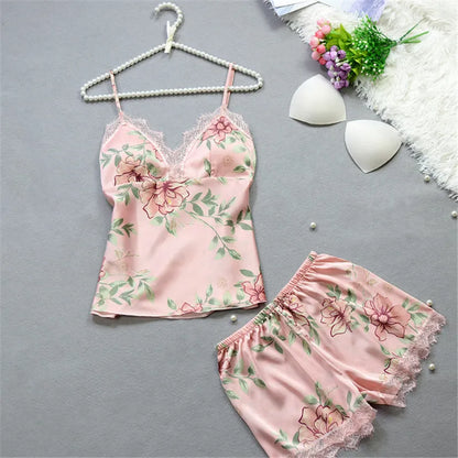 2pcs Floral Lingerie Set Women's Silk Satin Lace Vest Shorts Sleepwear Baby doll Lingerie Nightdress Pajamas Set