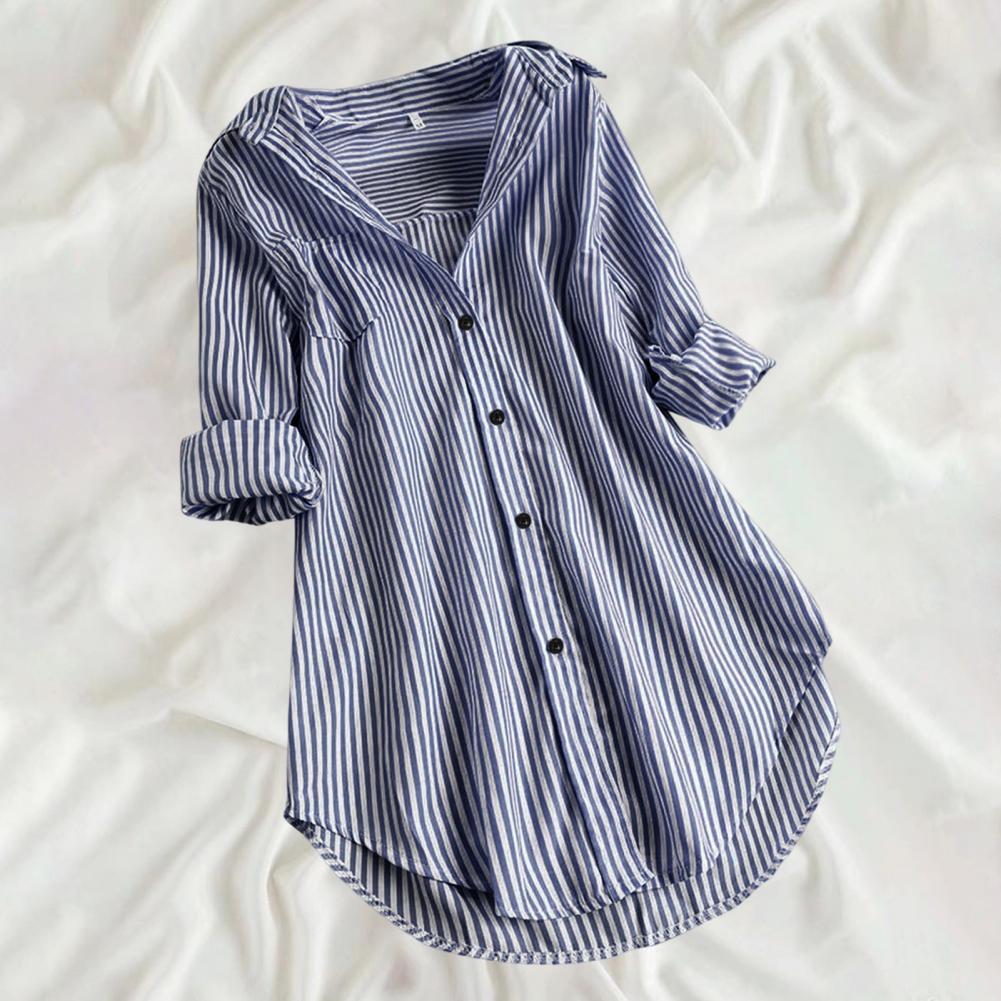M-4XL Women Tunic Shirt Striped Long-sleeves V Neck Mid Long Turn-down Collar Loose Fit Casual Summer Elegant Ladies Blouse Top