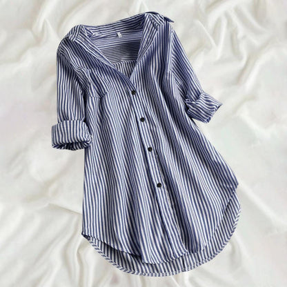 M-4XL Women Tunic Shirt Striped Long-sleeves V Neck Mid Long Turn-down Collar Loose Fit Casual Summer Elegant Ladies Blouse Top