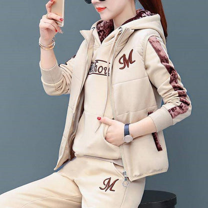 Fashion Warm Three Piece Set Women Outfit 2025 Fall Winter Thicken Tracksuit Casual Waistcoat + Hoodies + Pant Female Sweat Suit
