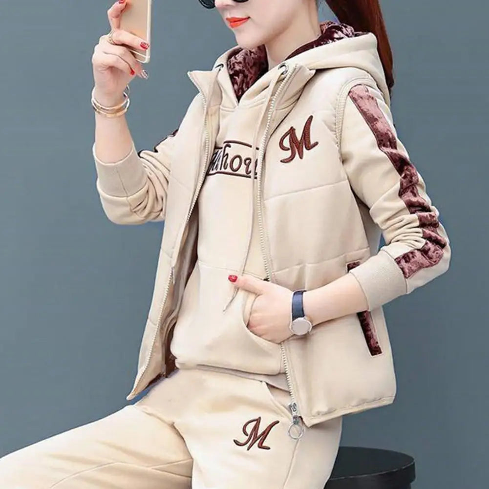 Fashion Warm Three Piece Set Women Outfit 2025 Fall Winter Thicken Tracksuit Casual Waistcoat + Hoodies + Pant Female Sweat Suit