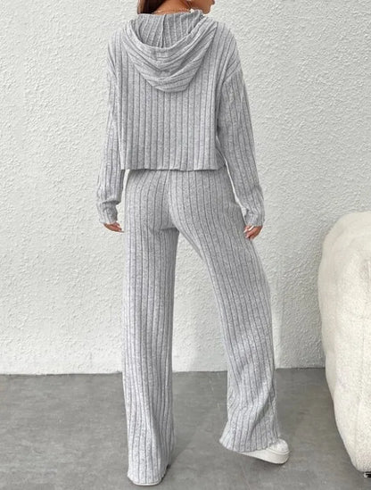 Spring Autumn Women's New Solid Color Casual Knitted Striped Hooded Sweatshirt Loose Long Sleeved Long Pants Two-piece Set