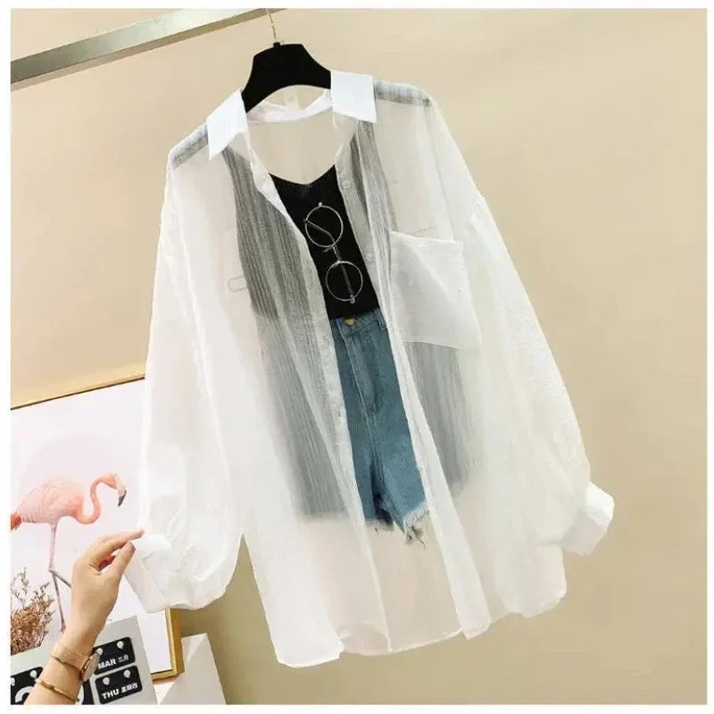 Shirts Women Sheer Thin Chic Summer Simple Solid Sun-proof Temper Fashion Baggy All-match Basic Korean Style Clothes