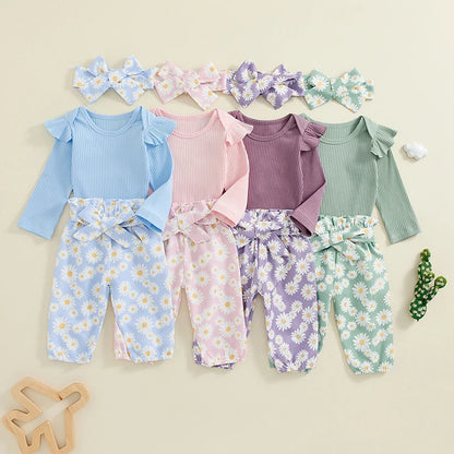 0 3 6 9 12 18 Months Baby Girl Clothes Ruffle Sleeve Romper Daisy Pant Sets Fall Winter Outfit for Infant Toddler