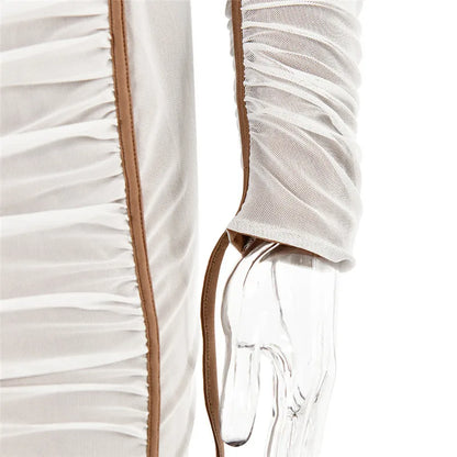 Diagonal Collar Long Sleeve Midi Dress For Women Two Layer Mesh Backless Ruched Bodycon Club Party Sexy Long Dress