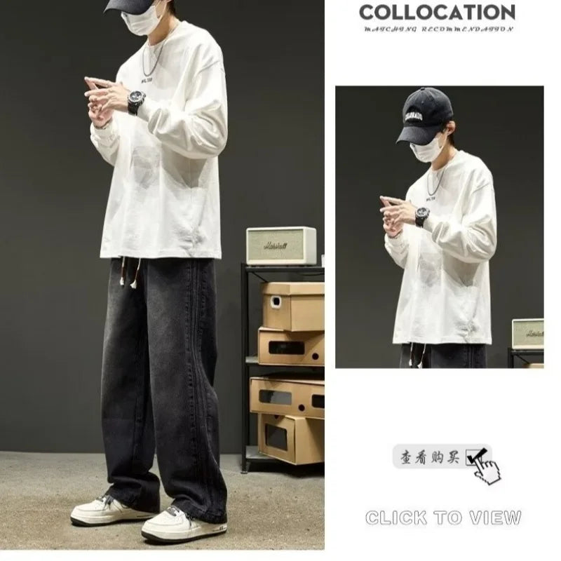 New American Retro Black Straight-leg Jeans For Men High-street Washed Fashionable Loose Wide-leg Floor-length Trousers Clothing