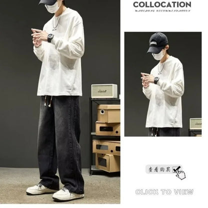 New American Retro Black Straight-leg Jeans For Men High-street Washed Fashionable Loose Wide-leg Floor-length Trousers Clothing