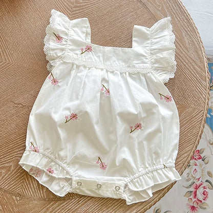 Newborn Baby Girls Jumpsuit Flying Sleeve Cotton Flower Embroidery Toddler Baby Girl Bodysuits Baby Girls Clothes For Summer