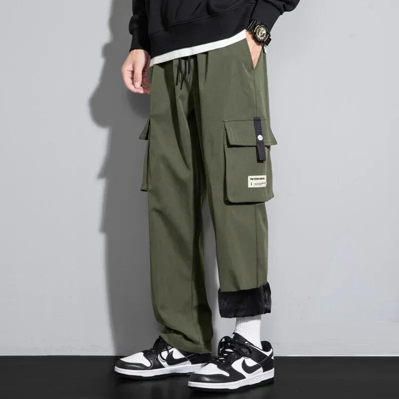 2025 Cargo Pants Men Straight Fit Wide Leg Fleece Lined Trouser Male Winter Fashion Loose Baggy Large Plus Size Warm Streetwear