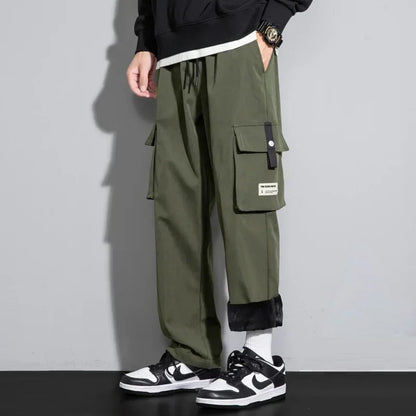 2025 Cargo Pants Men Straight Fit Wide Leg Fleece Lined Trouser Male Winter Fashion Loose Baggy Large Plus Size Warm Streetwear