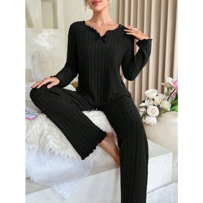 Women Autumn Winter Sleepwear Ribbed Pajamas Set Long Sleeve Top and Long Pants 2 Piece Set Casual Home wear Loungewear