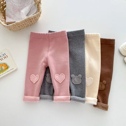 Girls Leggings 2024 Winter 0-5Y Children's Clothes Baby Girls Patch Plus Velvet Warm Pants Trousers
