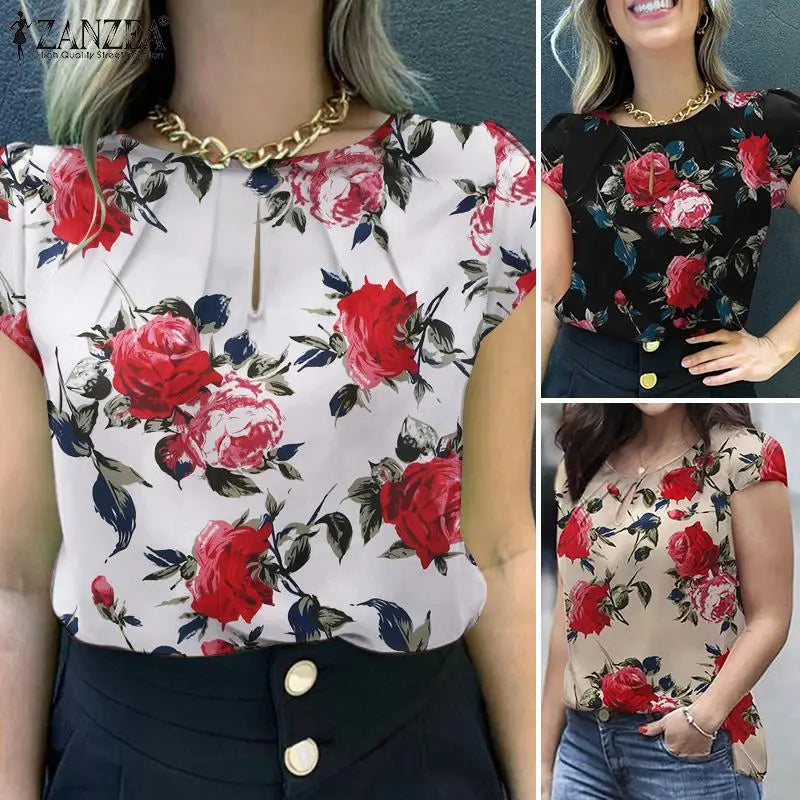 ZANZEA Summer Bohemian Short Sleeve Floral Printed Blouse Women Vintage Holiday Party Shirt Casual Beach Tops Tunic Bulses 2025