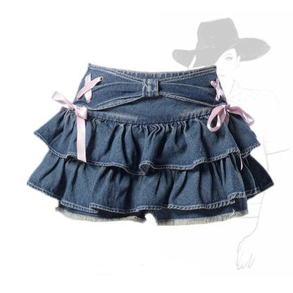 Blue Denim Pleated Skirt Bow Fold Design Women's A-line Short Skirt Built in Shorts American Spicy Girl Korean Fashion Hot sweet