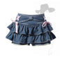 Blue Denim Pleated Skirt Bow Fold Design Women's A-line Short Skirt Built in Shorts American Spicy Girl Korean Fashion Hot sweet