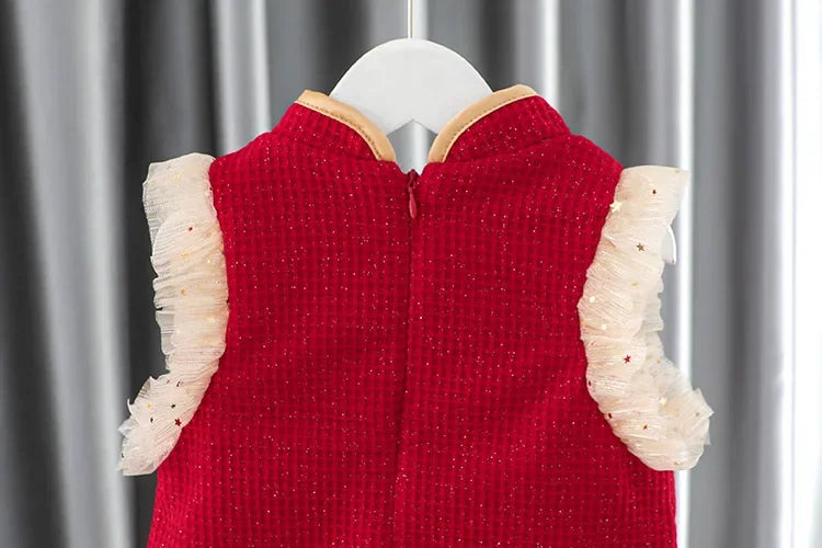 Toddler Baby Girls Dress Autumn  Winter Kids Red Christmas New Year Plush Warm Dress Infant Clothing Set Top+ skirt For 1-4 Years