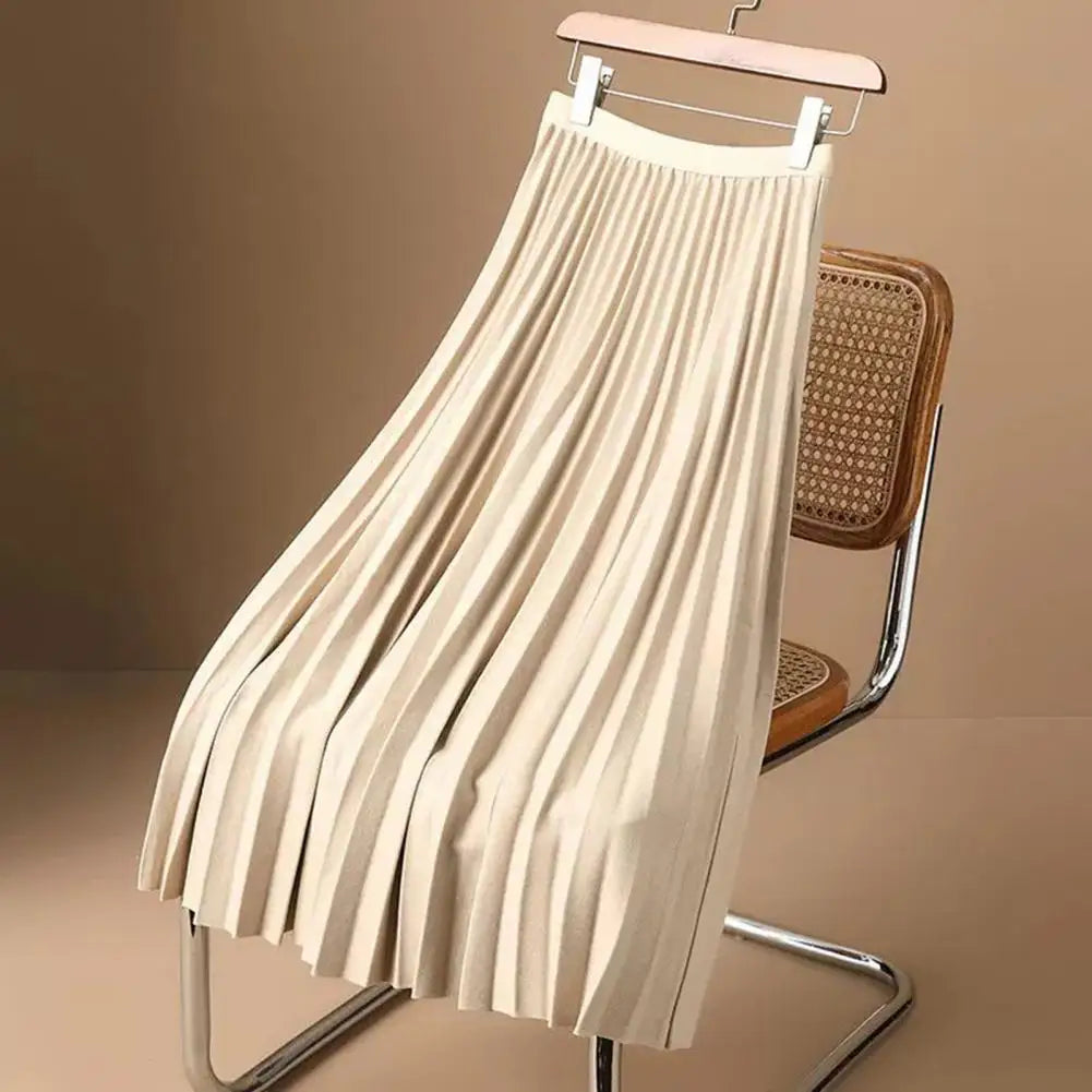 High Waist Pleated Skirt Elegant Women's Maxi Skirt with Elastic High Waist A-line Design Pleated Large Hem Solid Color for Work