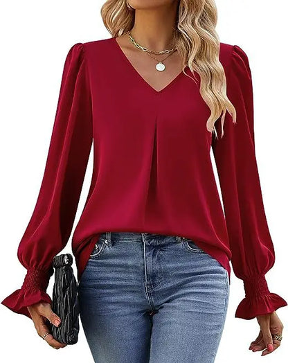 Women's New Solid Color Chiffon Shirt V-neck Pullover Flared Long Sleeved Top Shirt Office Lady Elegant Khaki Loose Blouse