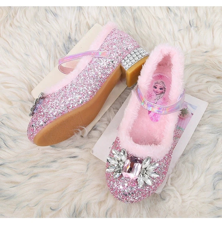 Disney Princess Crystal Girls Shoes Frozen Elsa Sophia Rhinestones Shoes Performance Party High Heels Pink Blue Shoes Size 23-36