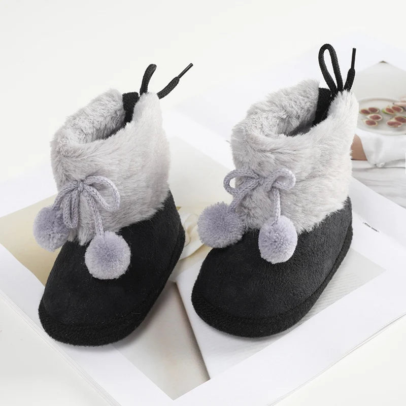 Winter Baby Boots Plus Velvet Snow Booties Baby Shoes Warm baby Girl Shoes Pompom Soft Sole Indoor Walking Shoe