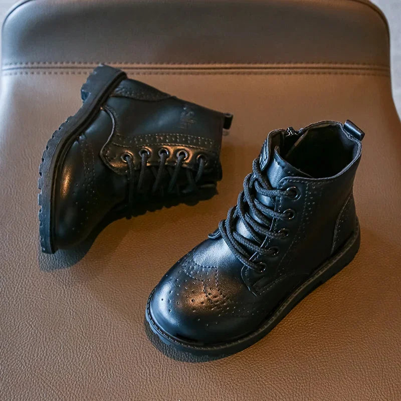 Kids Casual Boots PU Leather Black Zipper for Boys Girls Cross-tied Children Ankle High Boots Anti-skid Round Toes Soft Quality