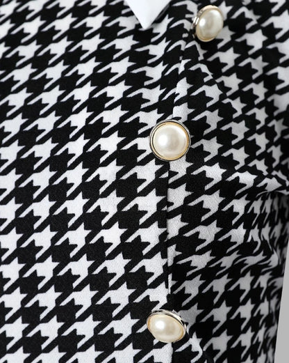 Women's Dresses 2025 Spring Fashion Houndstooth Button Decor Puff Sleeve Ruffle Hem Elegant Turn-Down Collar Daily A Line Dress