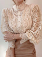 Women Chiffon Button Turtleneck Shirt Chic Elegant Floral Lace Fluffy Long Sleeve Top Fashion Hollow Oversize White Blouse 2025